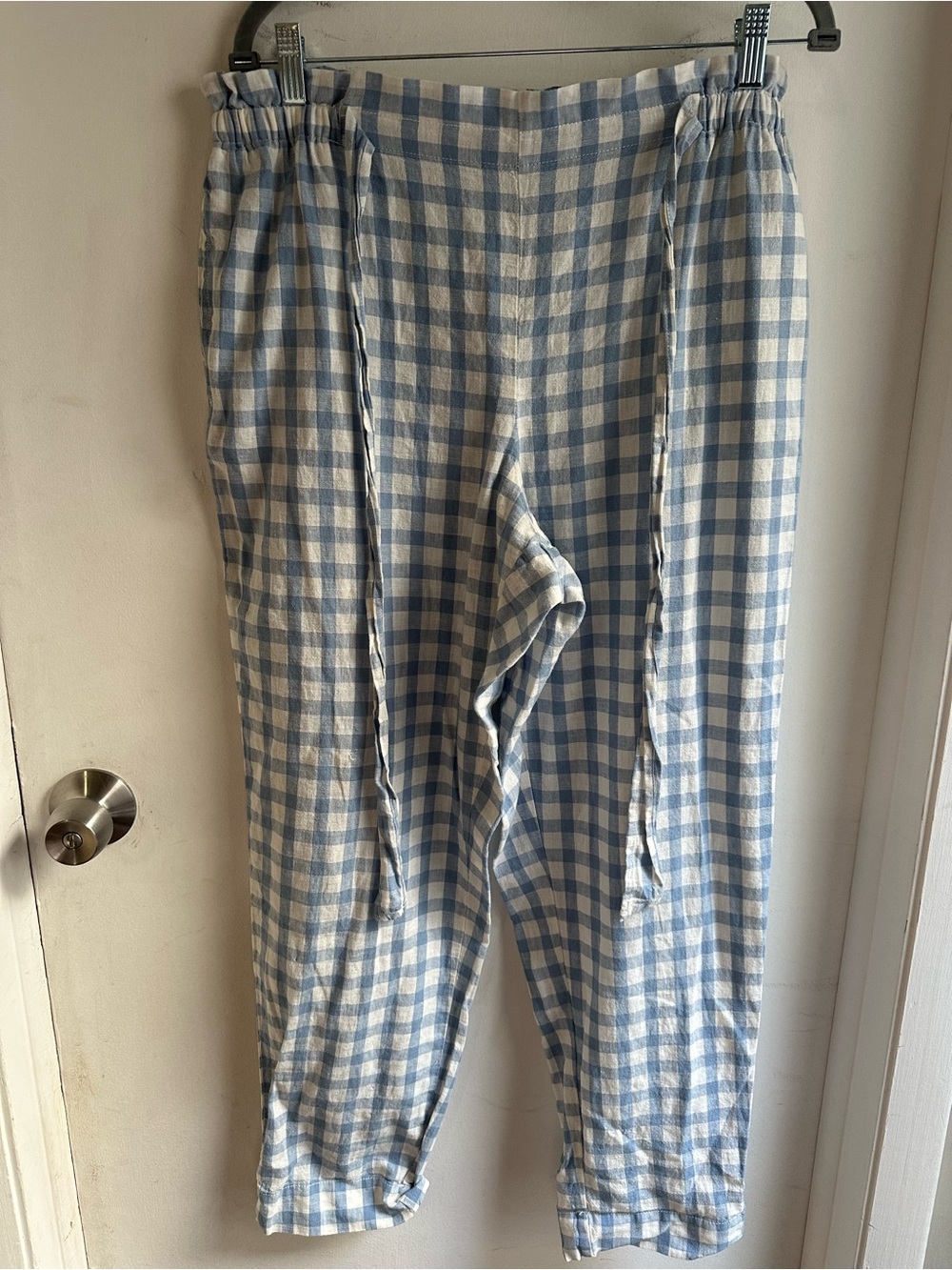 Beachlunchlounge Blue & White Gingham Linen Blend Pull-On Pants Size Large